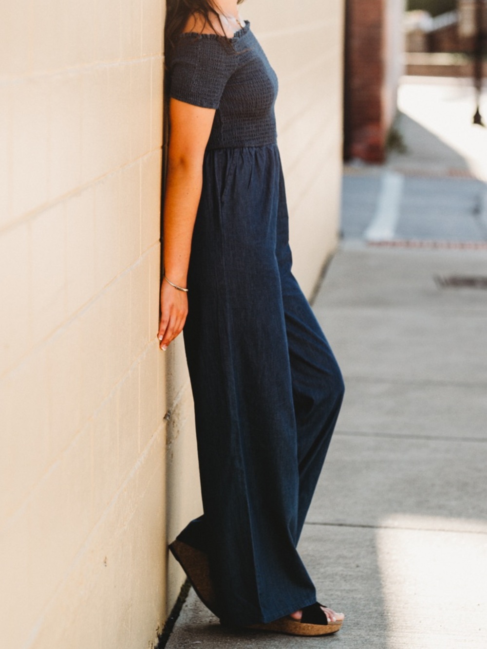 Navy off the shoulder wide leg jumpsuit